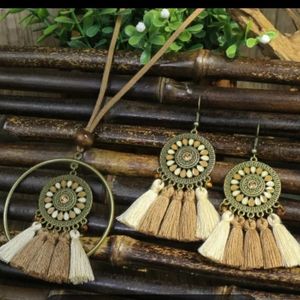 Necklace and Multi-Color Earrings Tassel Enamel Leather Cord Burnished Gold